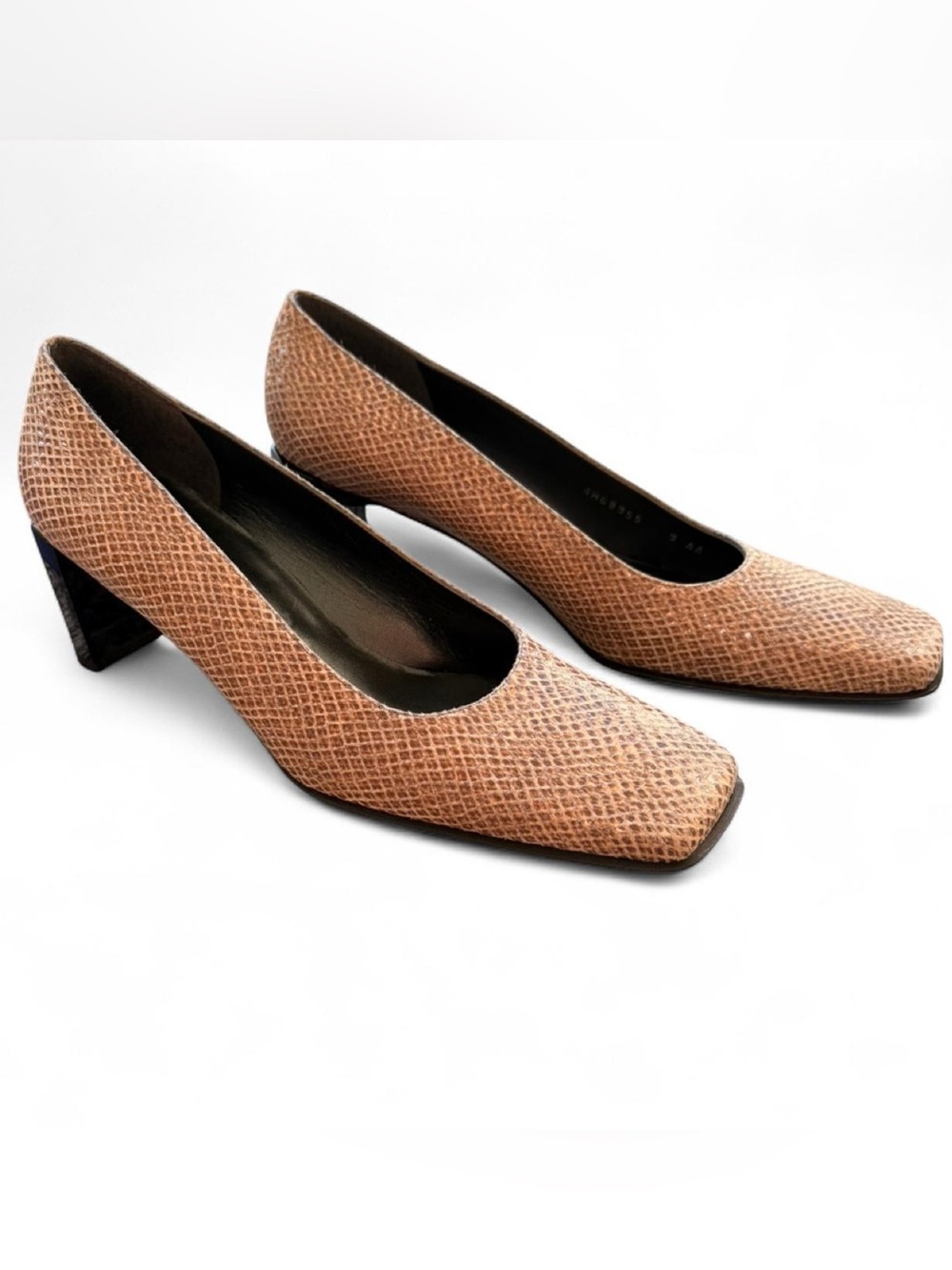 Vintage Stuart Weitzman Brown Snakeskin Style Square-Toe Mid Block Heel Pumps 9